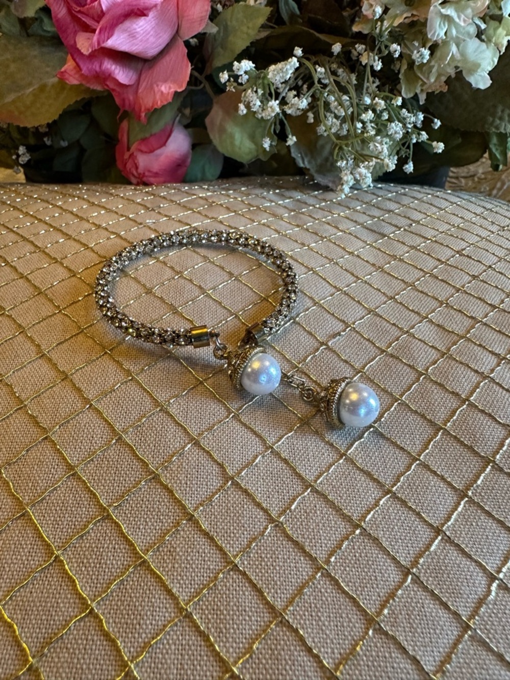 Silver Crystal Stretch Bracelet with White Pearl Drop Charms